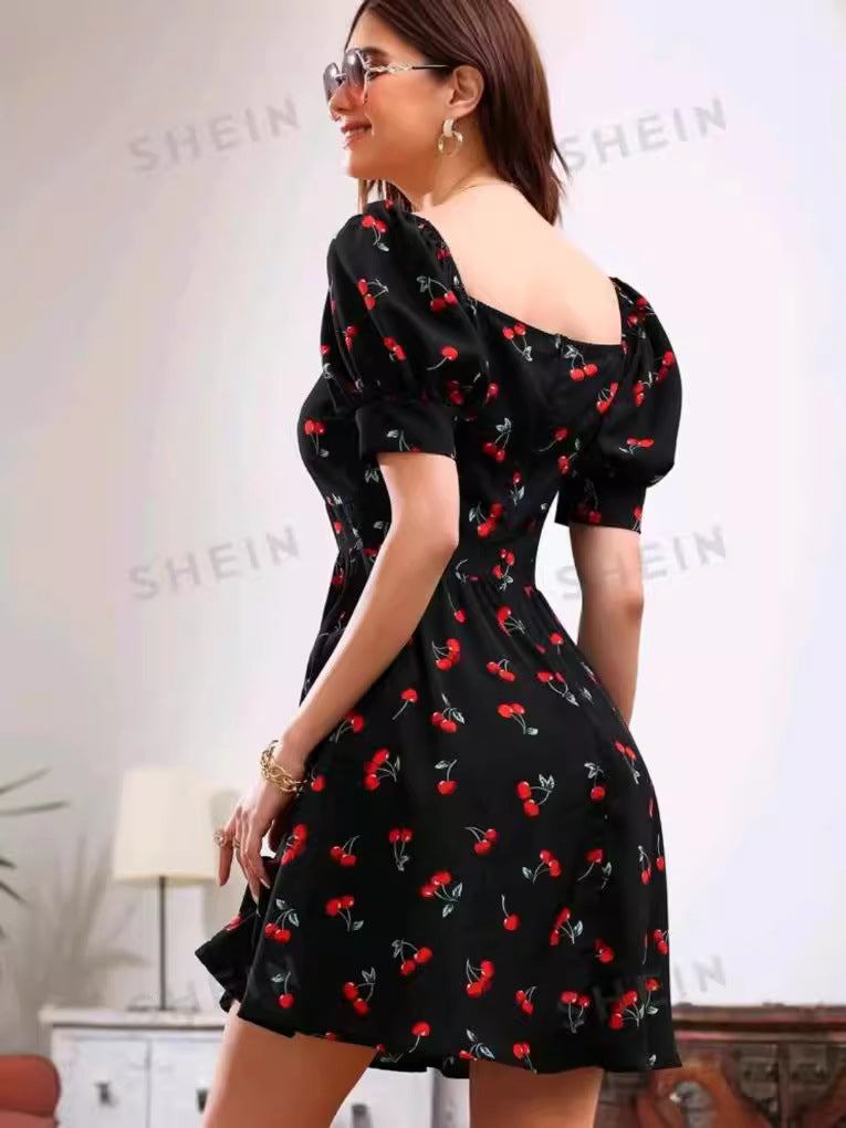 Spot Cross Border 2024 Europe and America Amazon New Fashion and Elegant Printed Square Neck One-Shoulder Dress