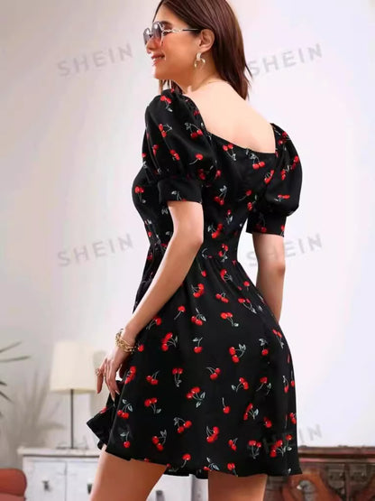 Spot Cross Border 2024 Europe and America Amazon New Fashion and Elegant Printed Square Neck One-Shoulder Dress