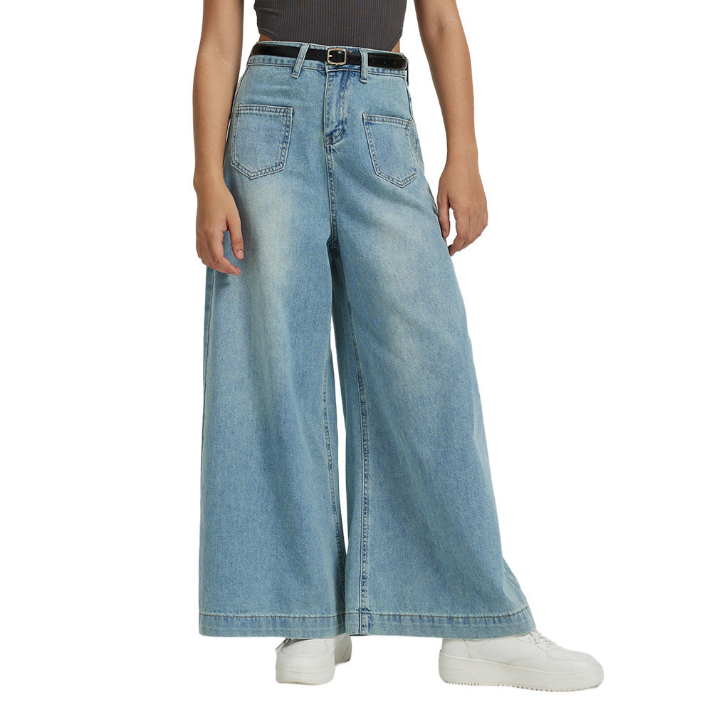 Independent Station European and American Foreign Trade Denim Women's Fashion Drape Loose High-Waist Wide-Leg Jeans for Women