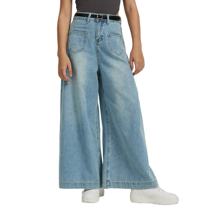 Independent Station European and American Foreign Trade Denim Women's Fashion Drape Loose High-Waist Wide-Leg Jeans for Women