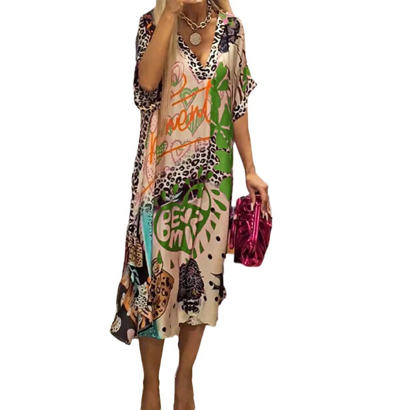 2026 Spring New Amazon Independent Station Hot Selling European and American Casual Leopard Print Colored Print Deep V Dress
