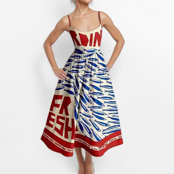 2026 spring new cross-border European and beautiful clothing temperament print waist swing slip dress long skirt
