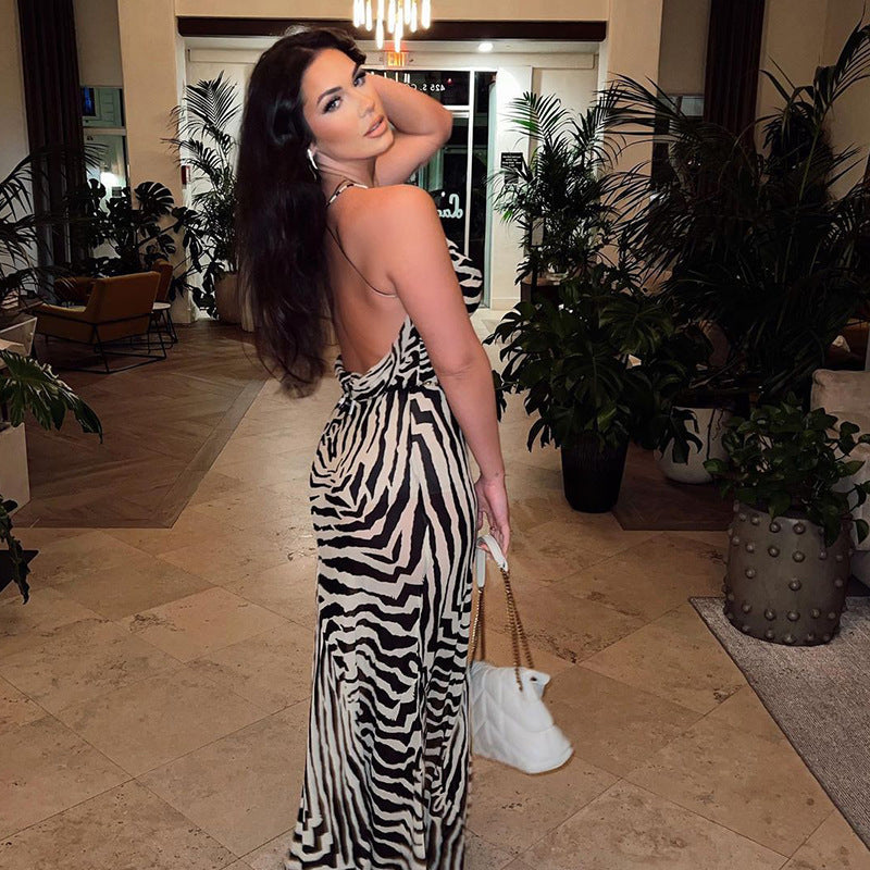 Cross-border 2025 summer new European and American fashion resort style fashion zebra pattern sexy backless halterneck dress for women
