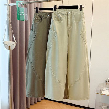 Khaki, American military green, design with large pockets, scimitar jeans, women's floor-length wide-leg trousers, extended mid-pants