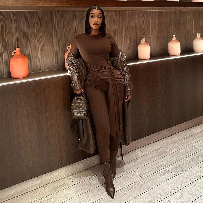 2025 new cross-border European and American style splicing with metal buckle long-sleeved jumpsuit fashionable casual tights