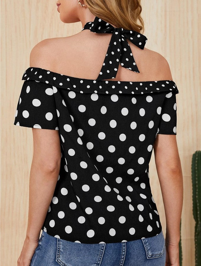 Spot cross-border 2024 Europe, America, Amazon spring and summer new polka dot one-shoulder streamer halterneck shirt top for women