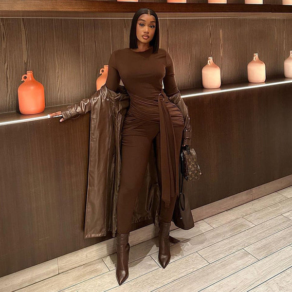 2025 new cross-border European and American style splicing with metal buckle long-sleeved jumpsuit fashionable casual tights - view 2 | Ciaura