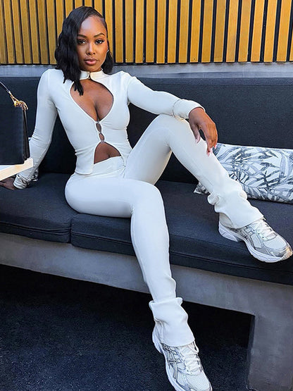 European and American cross-border autumn new women's clothing sexy hot girl cut-out hook top zipper tight trousers solid color suit