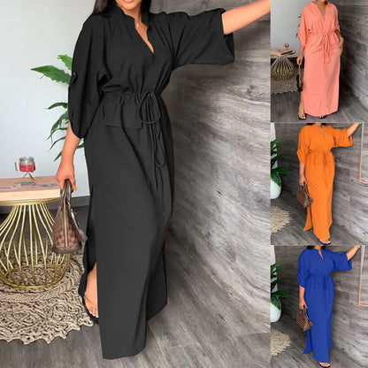 2026 Spring New European and American Cross-border Women's INS Casual Fashion Stand Up Collar Slit Long Skirt Solid Color Dress
