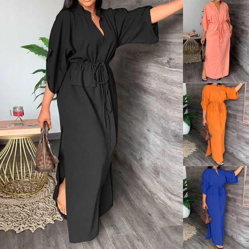 2026 Spring New European and American Cross-border Women's INS Casual Fashion Stand Up Collar Slit Long Skirt Solid Color Dress