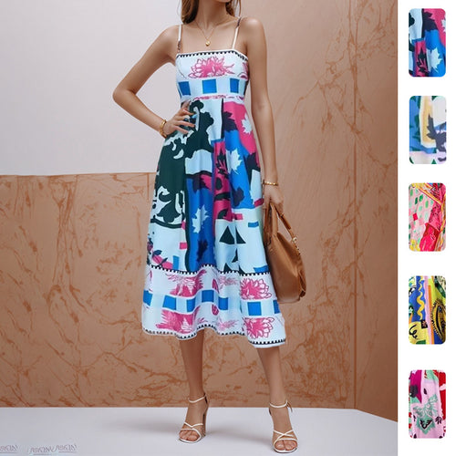 2026 Spring New Dresses European and American Sleeveless Collarless High Waist Printed Women's Large Swing Slip Dress