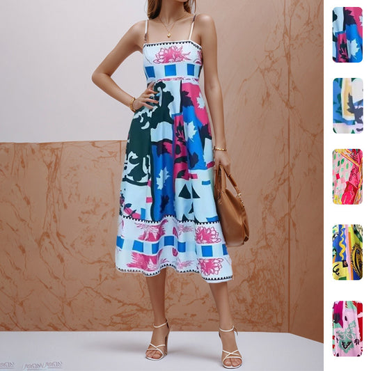 2026 Spring New Dresses European and American Sleeveless Collarless High Waist Printed Women's Large Swing Slip Dress