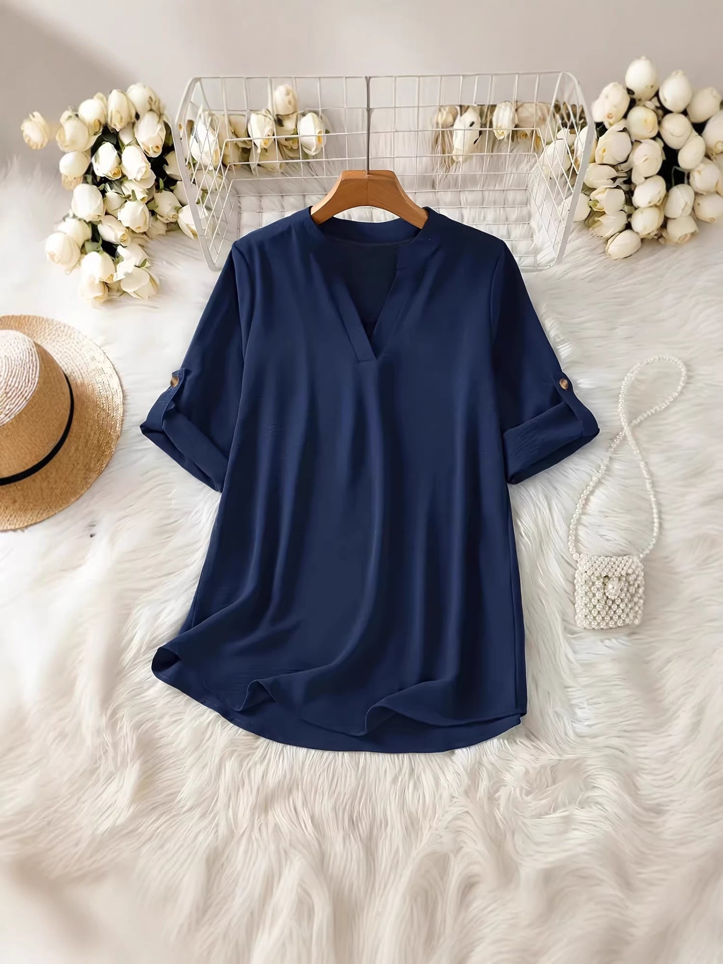 Cross-border European and American women's V-neck loose casual spring/autumn long-sleeve solid-color shirt, drop shoulder sleeves are fashionable and retro minimalist