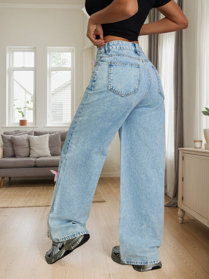Cross-border exclusive to Europe, America and North America fashion new snowflake wash bow decoration wide-leg jeans JEANS