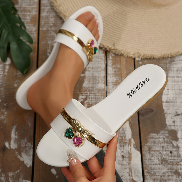 Cross-border women's shoes, new fashion slippers, cherry buckles, versatile, solid color, metal decorations, round toe flat sandals