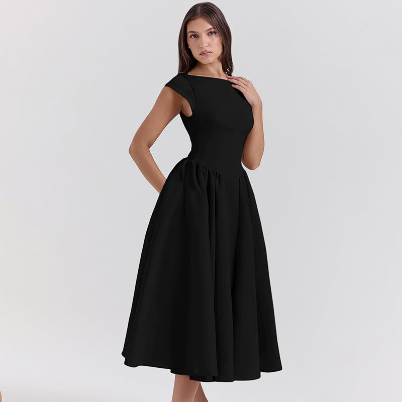 Foreign trade 2025 spring and summer new European and beautiful clothing temperament solid color crew neck open back slim waist slim swing dress for women