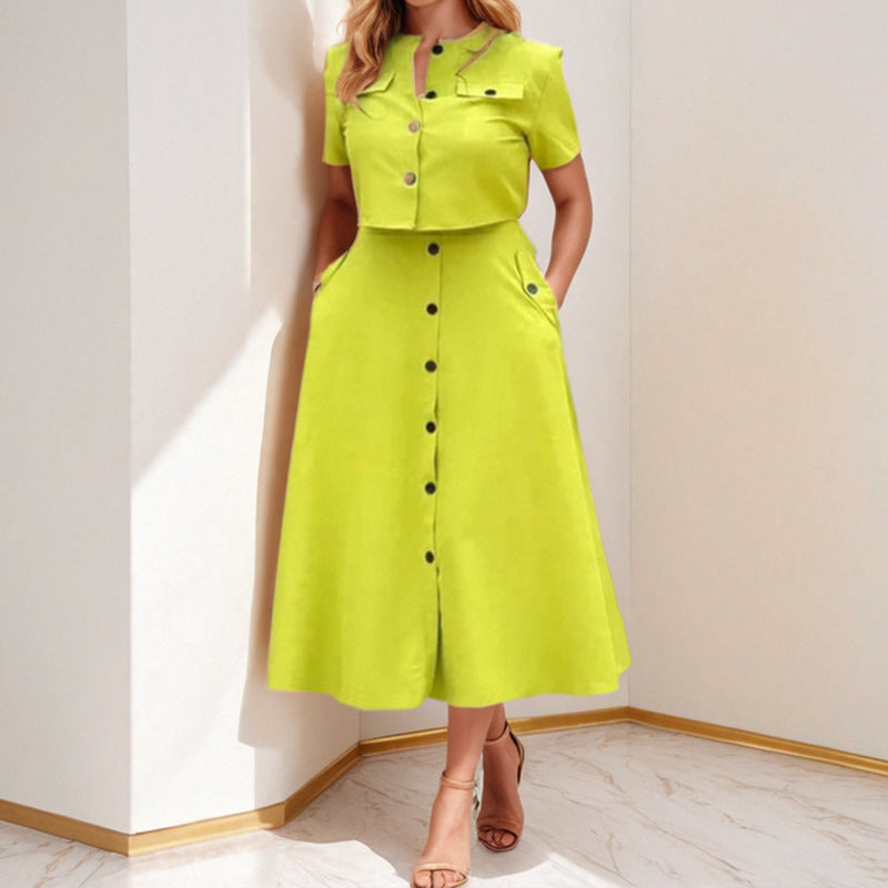 2026 Spring New European and American Clothing Elegant Solid Color Casual Short Top Single-Breasted Skirt Fashion Suit
