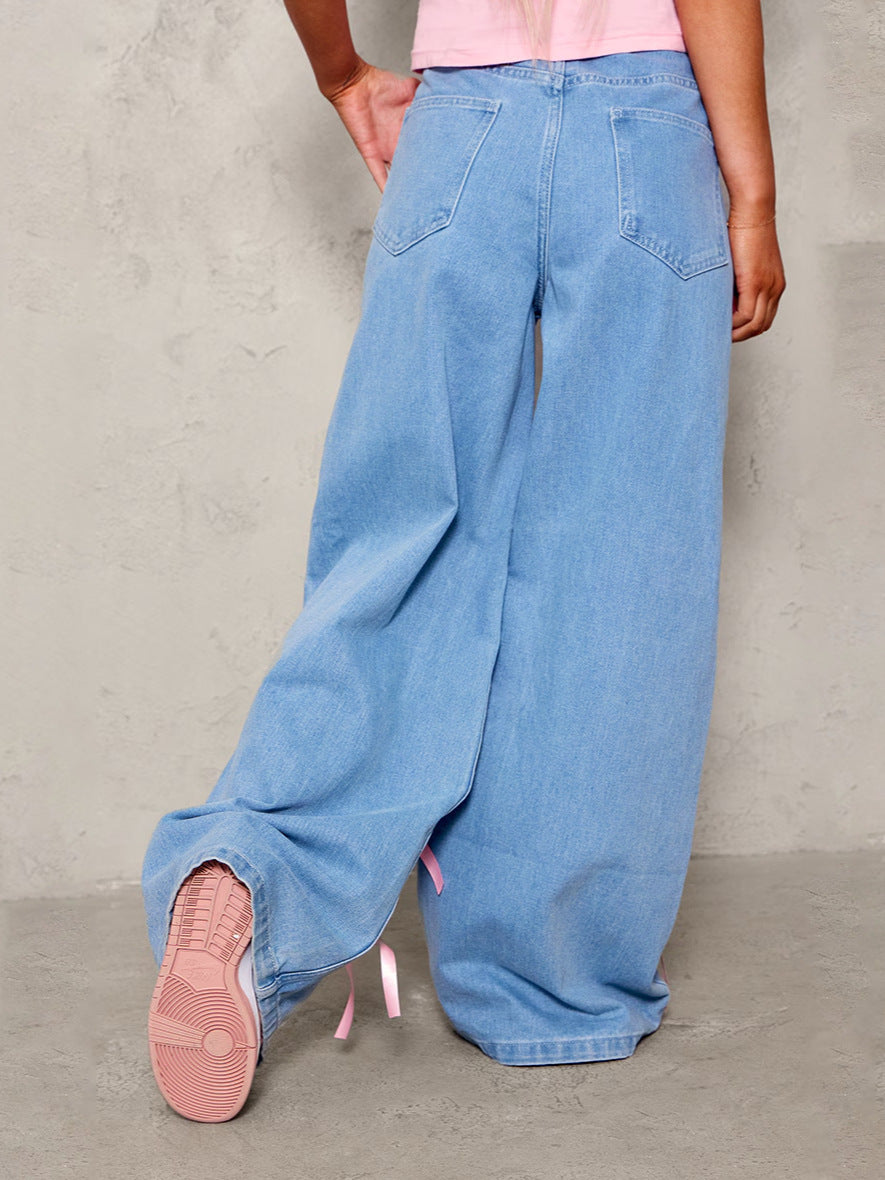European and American cross-border high-waisted bow collage floor-length wide-leg jeans street distressed loose denim trousers women's style