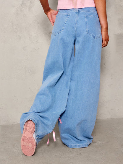 European and American cross-border high-waisted bow collage floor-length wide-leg jeans street distressed loose denim trousers women's style
