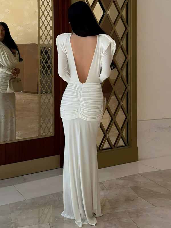 Foreign trade autumn and winter new European and beautiful women's clothing solid color sexy swing collar pleated slim hip long sleeve dress dress for women - view 2 | Ciaura