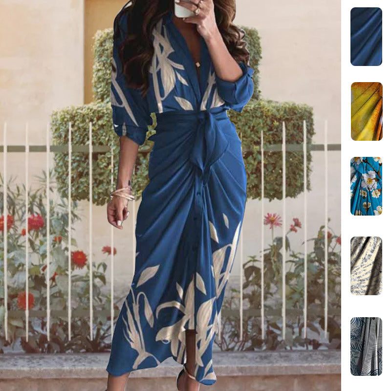 2026 spring new cross-border European and beautiful clothing temperament elegant and sexy print V-neck strap high-waisted dress for women