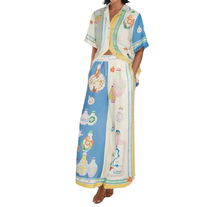 European and American cross-border 2025 independent station AliExpress fashion personality graffiti print color-blocking vacation leisure tether set