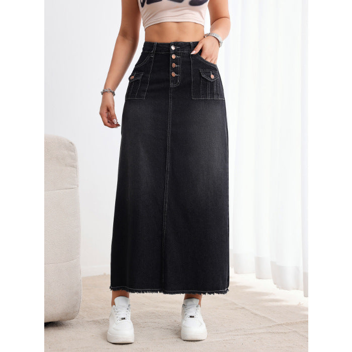 TEMU cross-border American retro washed denim skirt is worn loose and loose, with a multi-button mid-high waist to look slim