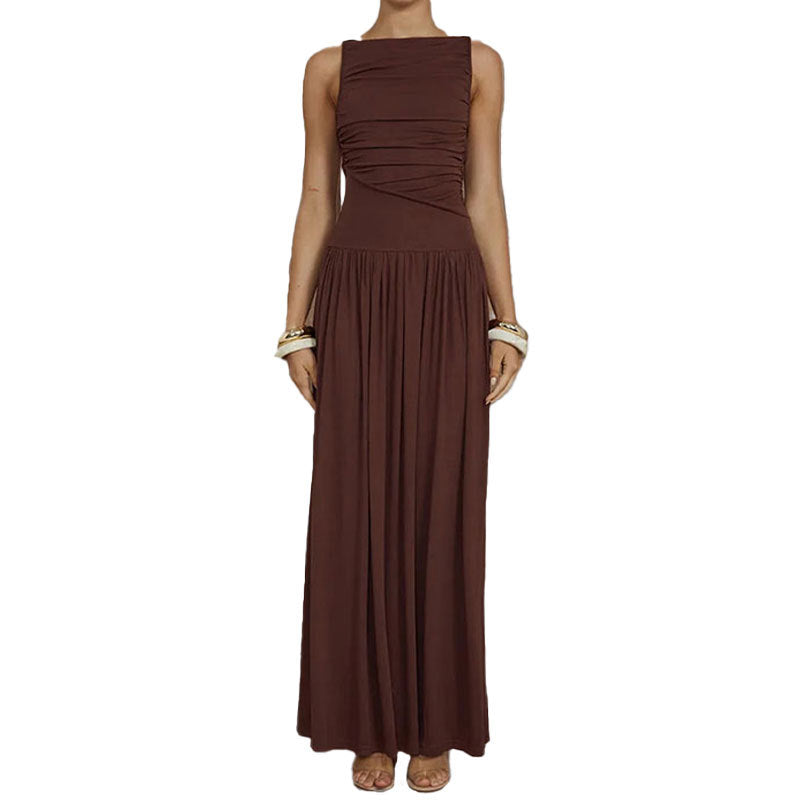 2026 Spring New European and American Cross-border Dress Fashionable Temperament Solid Color Slim Pleated Pleated Dress