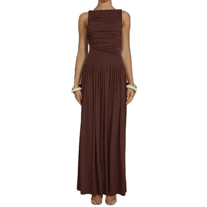 2026 Spring New European and American Cross-border Dress Fashionable Temperament Solid Color Slim Pleated Pleated Dress