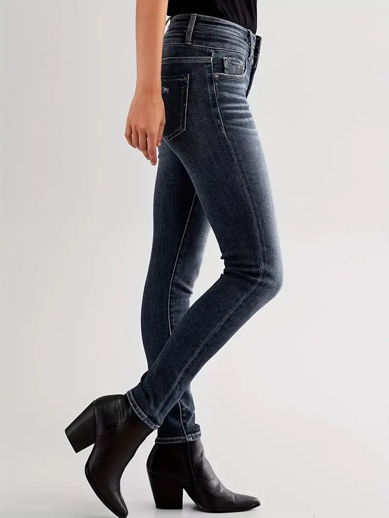 Women's jeans vintage stretch slimming small legged pants are fashionable and versatile, with double button design and dark blue denim trousers