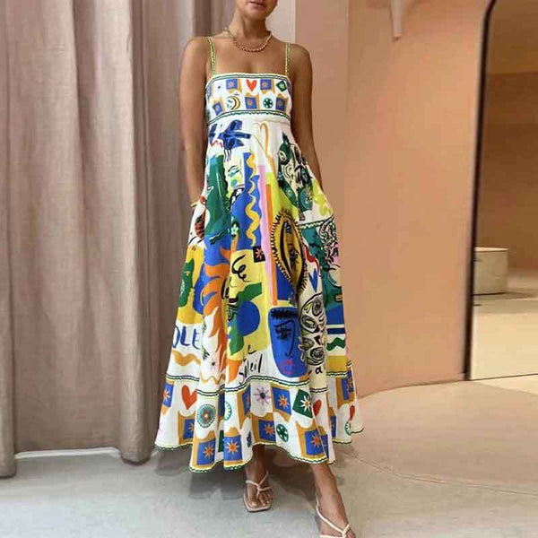 2026 AliExpress Spring European Beauty Clothing New Temperament Elegant High-Waisted Printed Suspender Casual Fashion Dress