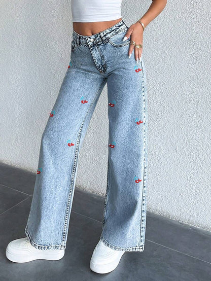 Cross-border foreign trade original design jeans cherry print wash high waist straight denim trousers women JEANS