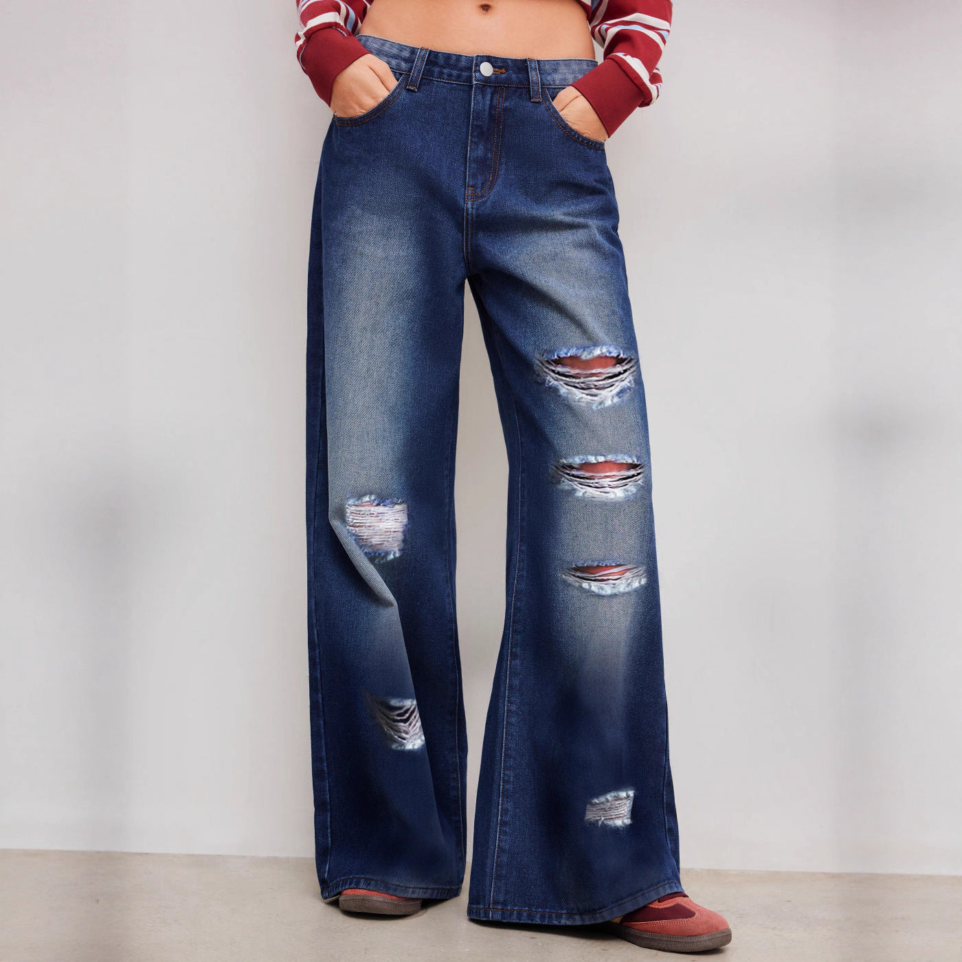 European and American cross-border foreign trade ripped jeans washed high waist straight leg versatile loose denim trousers women JEANS