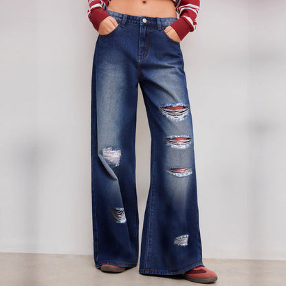 European and American cross-border foreign trade ripped jeans washed high waist straight leg versatile loose denim trousers women JEANS