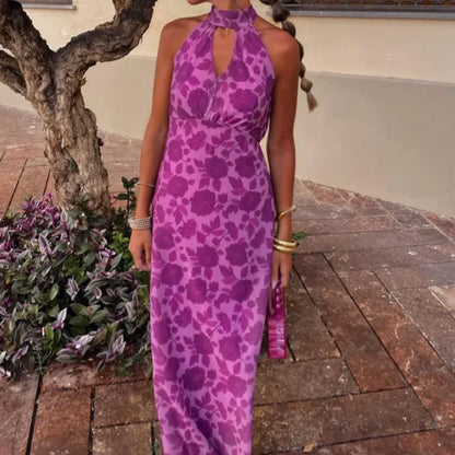 Spring 2026 New European and American Clothing Elegant Printed Halterneck Hollow Sleeveless Slim Dress 661