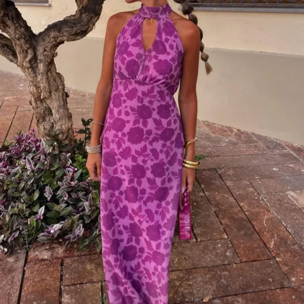 Spring 2026 New European and American Clothing Elegant Printed Halterneck Hollow Sleeveless Slim Dress 661
