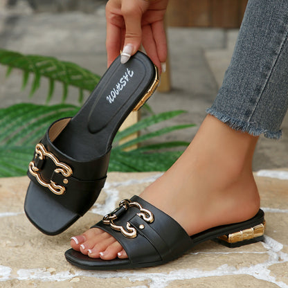 Fashionable and comfortable women's square-toe high-heeled sandals, women's slippers, elegant versatile metal decorative buckle square-toe sandals