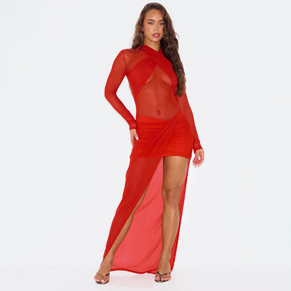 European and American women's sexy cross-stitched see-through mesh dresses cross-border new red round neck slim hip skirt