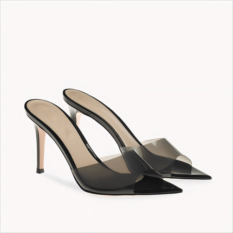 WO Huizhou New European and American Shoes Simple Nude Transparent One-Line High Heels Thin Heels Pointed Toes Are Not Tiring Feet and Versatile