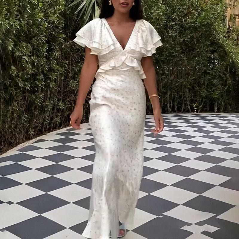 2025 summer new cross-border European and American fashion temperament elegant ruffled print V-neck slim waist dress