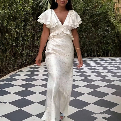 2025 summer new cross-border European and American fashion temperament elegant ruffled print V-neck slim waist dress