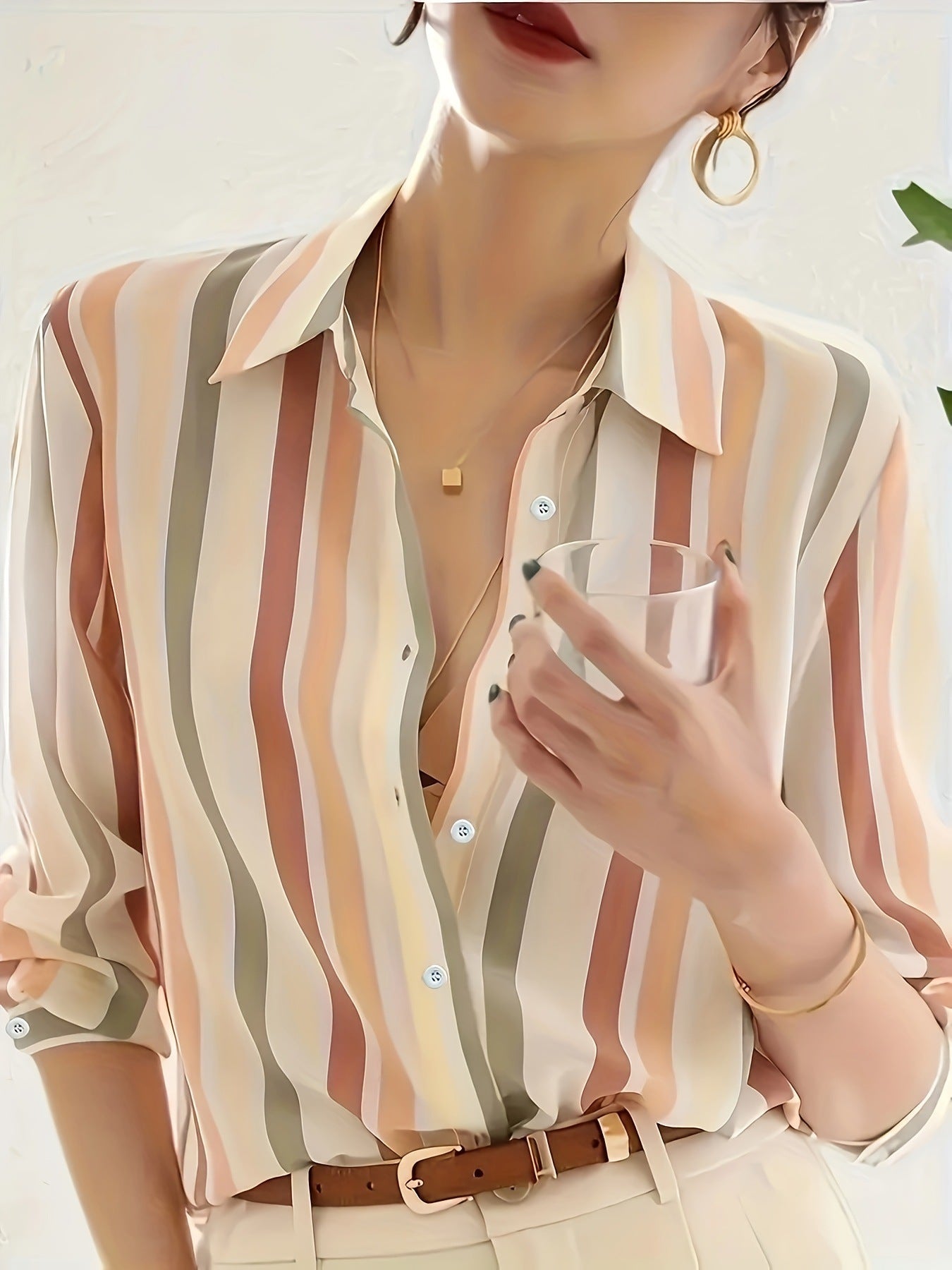 Cross-border foreign trade contrast temperament striped shirt women's 2024 spring summer new niche retro lapels are loose and slim