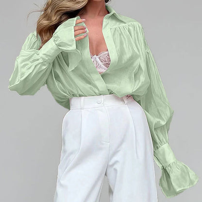 2026 Spring New Cross-border European and American Clothing Elegant Temperament Loose Lapel Lantern Sleeve Shirt Women's Top