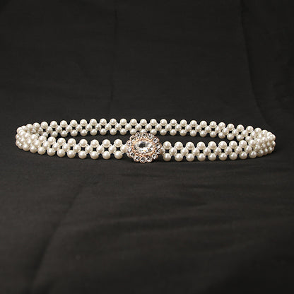 Ladies Pearl Belt Korean Version Rhinestone Pearl Embellished Belt Fashion Sweet Dress Elastic Belt Women Wholesale