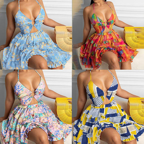 European and American women's clothing foreign trade 2026 Amazon cut-out strap V-neck temperament halter print suspender European and American dress