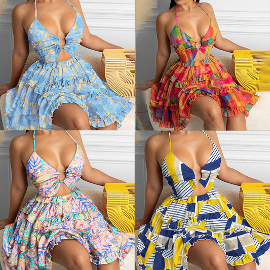 European and American women's clothing foreign trade 2026 Amazon cut-out strap V-neck temperament halter print suspender European and American dress