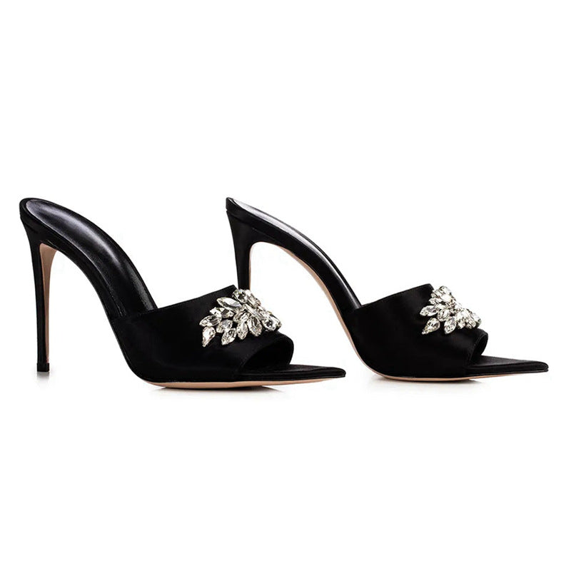 Summer European and American rhinestone high heel sandals pointed toe thin heels black high heels one foot cross-border foreign trade super high heels