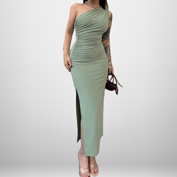 European and American style cross-border 2025 new slanted shoulder solid color slit sleeveless pure desire sexy temperament slim dress