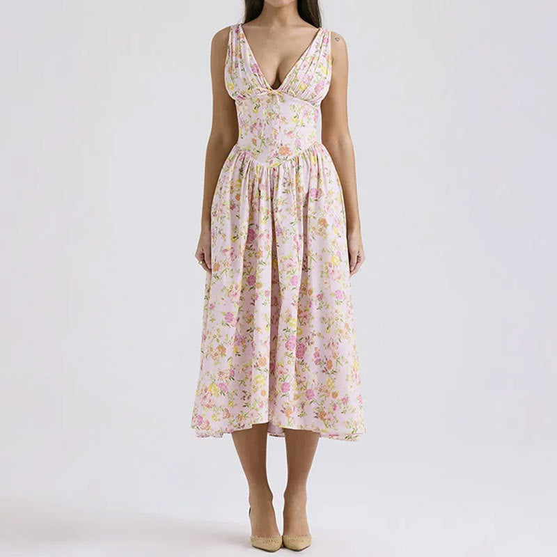 2026 independent station new European and American clothing temperament elegant and fashionable open back printed suspender sexy European and American dress