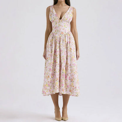 2026 independent station new European and American clothing temperament elegant and fashionable open back printed suspender sexy European and American dress